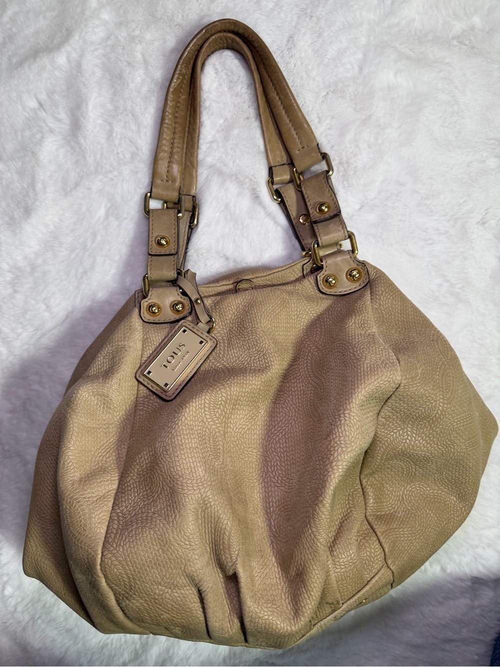 TOUS Taupe Pebbled Leather Shoulder Bag with Gold Hardware